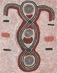 Jack Ross Jakamarra, Ngama Snake Body Design, 1980, synthetic polymer paint on canvasboard