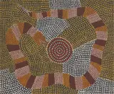 Billy Stockman Tjapaltjarri, Snake Dreaming, 1974, synthetic polymer paint on canvasboard