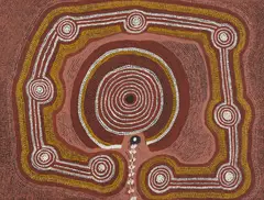 Charlie Tawara Tjungurrayi, Bandicoot Dreaming at Tjiturrunga, 1985, synthetic polymer paint on linen