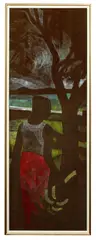 Ray Crooke, Island Scene with Figure Under Tree, oil on hessian laid on board