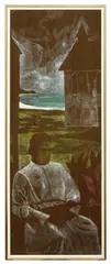 Ray Crooke, Island Scene with Seated Priest, oil on hessian laid on board
