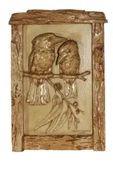 Robert Wilhelm Prenzel, TWO KOOKABURRAS PERCHED ON A EUCALYPTUS BRANCH, carved panel