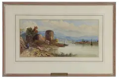 James Burrell Smith, Figures on a Path by a Lake with Castle Ruins, pencil and coloured washes