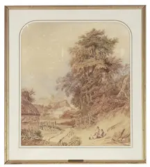 Joshua Cristall, Boys Seated on a Bank by the Entrance to Farm Cottages, watercolour