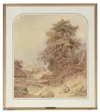 Joshua Cristall, Boys Seated on a Bank by the Entrance to Farm Cottages, watercolour