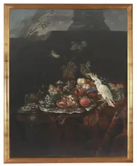 Ernst Meyer, Still Life with Blue and White Porcelain, Grapes, Pomegranate, Peaches and a Cockatoo on a Silver Dish, oil on canvas