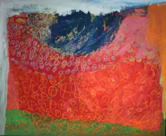 Amna Sharif, Untitled (Circles on Red), 2018, mixed media on canvas