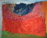 Amna Sharif, Untitled (Circles on Red), 2018, mixed media on canvas