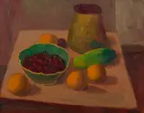 Roland Wakelin, Still Life with Green Bowl and Fruit, oil on board