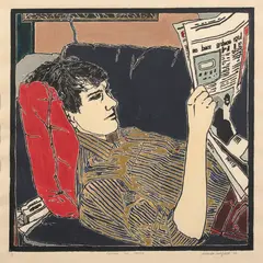 Cressida Campbell, Reading the Paper, 1986, colour woodcut, ed. 1/3