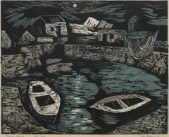 Tate Adams, Fishing Village, 1954, linocut, ed. T/P