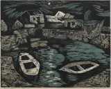 Tate Adams, Fishing Village, 1954, linocut, ed. T/P