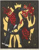 Leslie van der Sluys, Currawongs in Illawarra Flame Tree, 1983, linocut, ed. H.C. 52/90