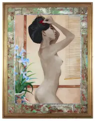 Geoffrey Proud, Standing Nude with Flowers, mixed media on perspex, reverse painted