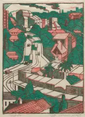 Eveline Winifred Syme, Sydney Tram Line, 1936, linocut ed. 10/25 from 3 blocks, printed in 1) vermillion, 2) viridian; 3) burnt umber, impression on buff oriental laid tissue, originally mounted to brown paper backing