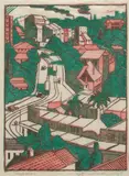Eveline Winifred Syme, Sydney Tram Line, 1936, linocut ed. 10/25 from 3 blocks, printed in 1) vermillion, 2) viridian; 3) burnt umber, impression on buff oriental laid tissue, originally mounted to brown paper backing