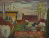 Anne Montgomery, Upstairs Flat, 1955, oil and ink on composition board
