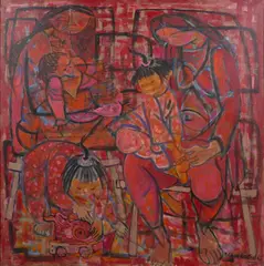 New Faces in the Willow Pattern by Elaine Haxton, 1963, oil on canvas, sold Oct 2021