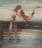 Leda and the Swan (Blue Landscape) by Sidney Nolan, wax crayon and fabric dye on paper, sold Aug 2021