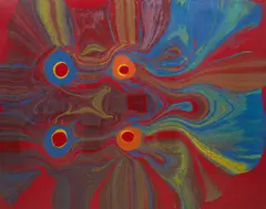 Dale Frank, (Self Portrait with Secret) with Four Throbbers. The False Eyes and Balls in His Hands, 1993, oil and enamel on canvas