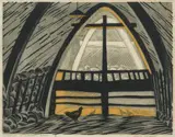Lesbia Thorpe, Interior of Girvan's Barn, linocut ed. 9/10
