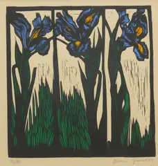 Bruce Goold, Irises, 1987, hand-coloured linocut ed. 36/50
