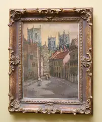 An English Street Scene Looking Towards a Cathedral by Blythe Fletcher, gouache on paper, sold Jul 2021