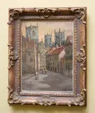 Blythe Fletcher, An English Street Scene Looking Towards a Cathedral, gouache on paper