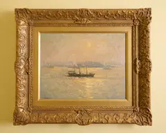 Will Ashton, A Harbour Scene at Moonrise, oil on board