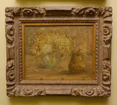 Mikhail Larionov, A Still Life of Flowers in a Jug and a Pear, c.1940, oil on canvas