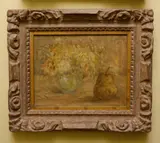 Mikhail Larionov, A Still Life of Flowers in a Jug and a Pear, c.1940, oil on canvas