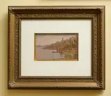 John Llewelyn Jones, Buildings by a Riverside, oil on board
