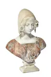 Carved as a maiden wearing a coif with lilies in her hair, her incised bodice centred with a lily and inscribed 'Puritas', on square socle, incised to verso 'Gal' Prof A Petrilli Firenze'. by A White And Coloured Marble Bust 'Puritas' By Professor Aristide Petrilli, sculpture, sold Jun 2021