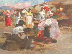 W. E. Vizkeleti, Market Place, oil on canvas