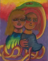 Two Figures by Mirka Mora, 1977, pastel on paper, sold Jun 2021