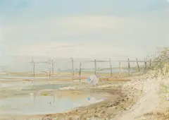 Arthur Boyd, Figure on Beach with Jetty, Rosebud, 1938, oil on canvas