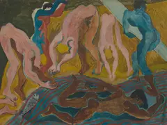 Donald Friend, Figures by the Water, mixed media on board