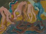 Donald Friend, Figures by the Water, mixed media on board