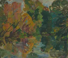 Lina Bryans, Landscape with Lake (Reflections), oil on board