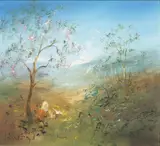 David Boyd, Child and Cockatoo in Landscape, oil on board