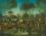 The Royal Mail Arriving at the Goldfields by Pro Hart, 1975, oil on board, sold Jun 2021