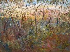 Celia Perceval, Flowering Banksias with Red Faced Galahs, 2001, oil on canvas
