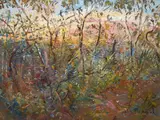 Celia Perceval, Flowering Banksias with Red Faced Galahs, 2001, oil on canvas