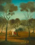 Two Men by the Fire by Pro Hart, oil on board, sold Jun 2021