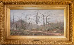 Simon Toudouze, Figure in a wooded landscape, Oil on board