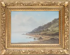 Charles-Antoine Lenglet, A coastal landscape with fishermans cottages below a rocky hill, Oil on canvas