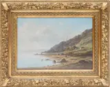 Charles-Antoine Lenglet, A coastal landscape with fishermans cottages below a rocky hill, Oil on canvas