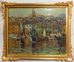 Jacques Van den Bussche, Marseilles from the harbour, Oil on board
