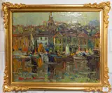 Jacques Van den Bussche, Marseilles from the harbour, Oil on board