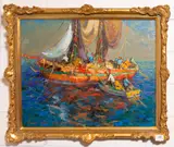 Jacques Van den Bussche, A fishing boat with a small boat alongside, Oil on board